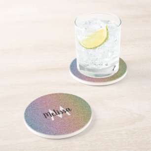 Rainbow Faux Glitter Pattern Initial Name Coaster