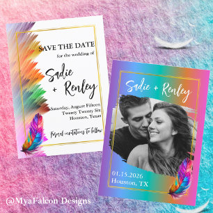 Rainbow Feather Wedding Save the Date Invitation