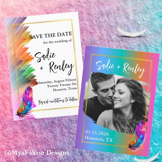 Rainbow Feather Wedding Save the Date Invitation (Creator Uploaded)