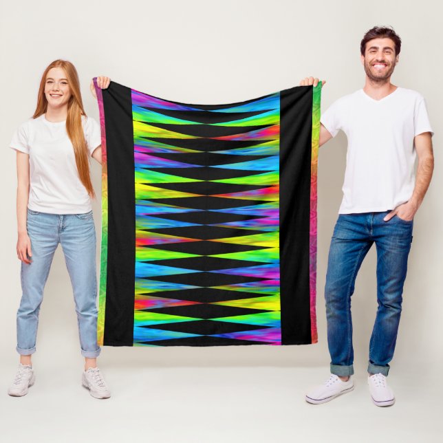 [Rainbow Fiesta] Harlequin Geometric Modern Black Fleece Blanket (In Situ)