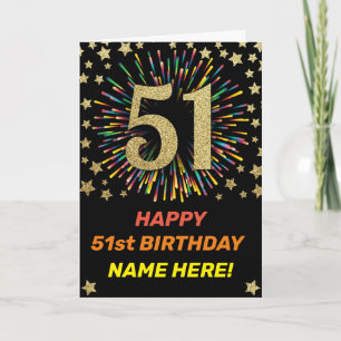 Rainbow Firework 51st Happy Birthday Black & Gold Card