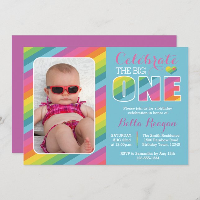 Rainbow First Birthday Party Photo Invitation (Front/Back)