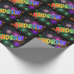Rainbow First Name "ANDREW" + Fireworks Wrapping Paper