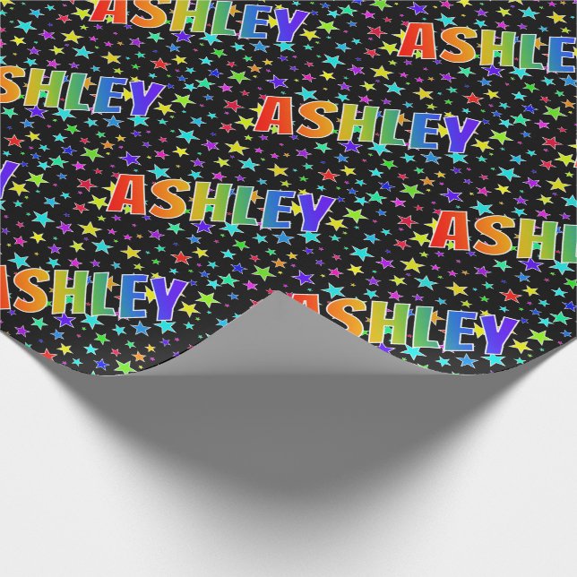 Rainbow First Name "ASHLEY" + Stars Wrapping Paper (Corner)