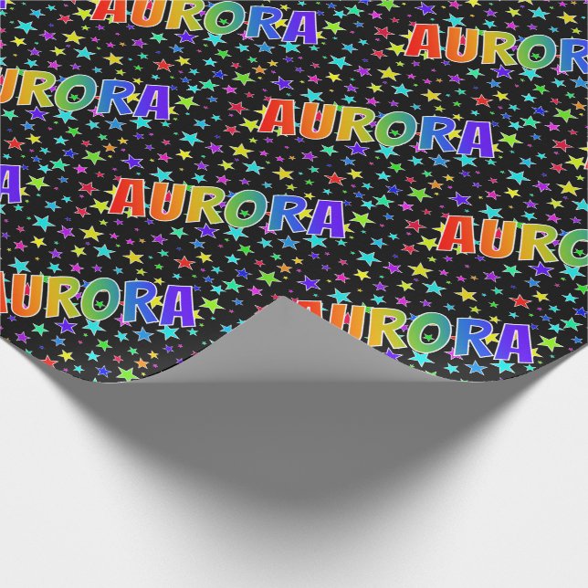 Rainbow First Name "AURORA" + Stars Wrapping Paper (Corner)