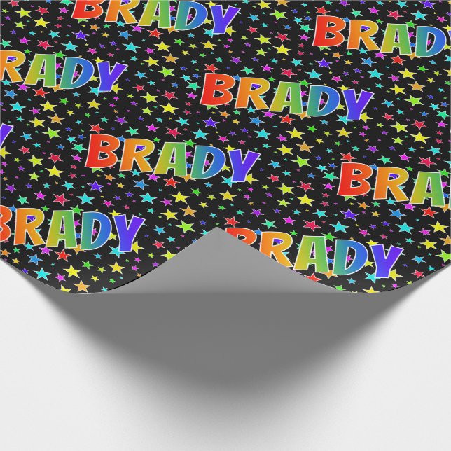 Rainbow First Name "BRADY" + Stars Wrapping Paper (Corner)