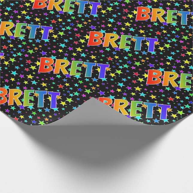 Rainbow First Name "BRETT" + Stars Wrapping Paper (Corner)