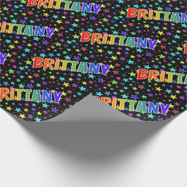 Rainbow First Name "BRITTANY" + Stars Wrapping Paper (Corner)