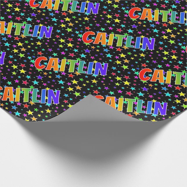Rainbow First Name "CAITLIN" + Stars Wrapping Paper (Corner)