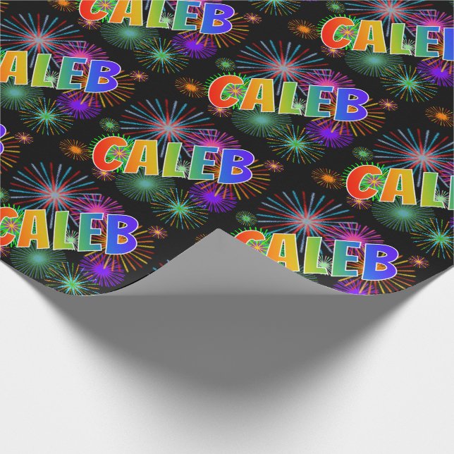 Rainbow First Name "CALEB" + Fireworks Wrapping Paper (Corner)