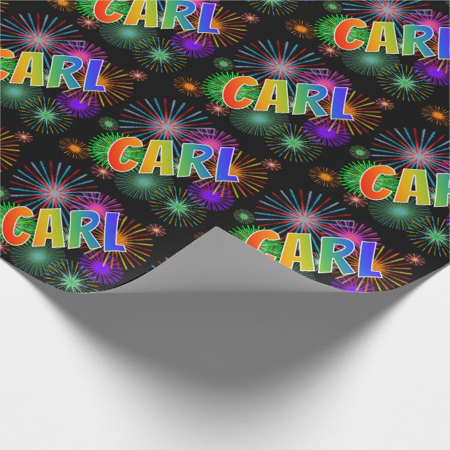 Rainbow First Name "CARL" + Fireworks Wrapping Paper (Corner)