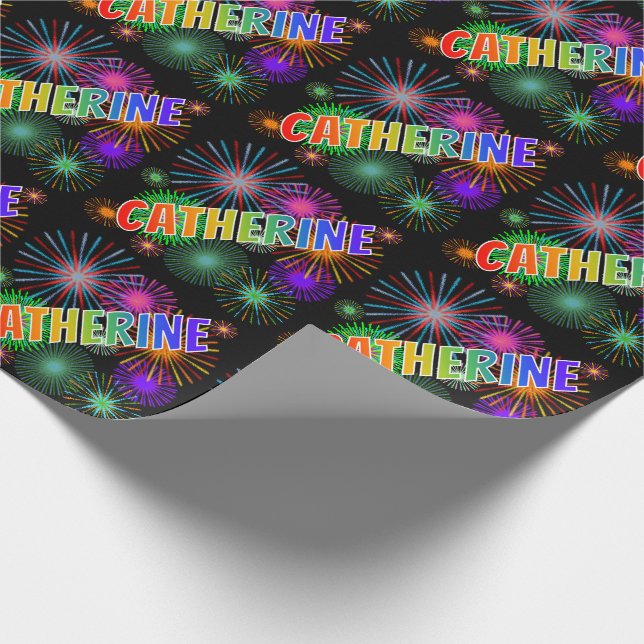 Rainbow First Name "CATHERINE" + Fireworks Wrapping Paper (Corner)