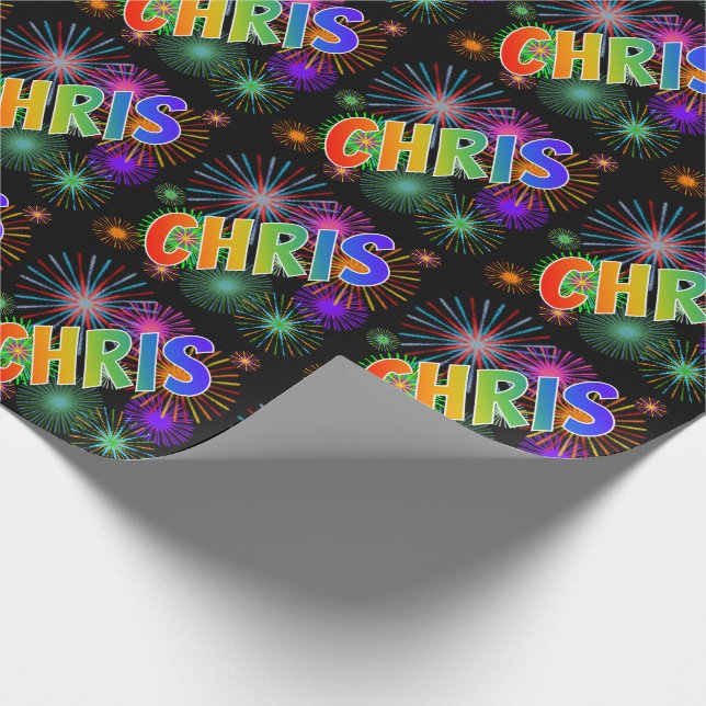 Rainbow First Name "CHRIS" + Fireworks Wrapping Paper (Corner)