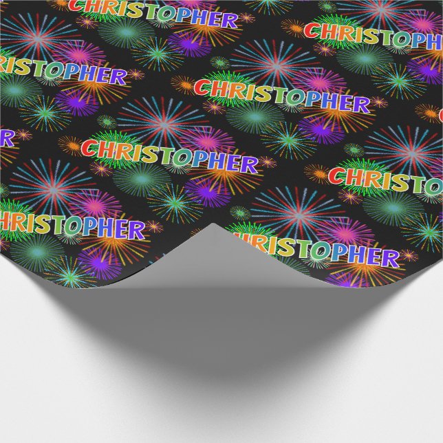 Rainbow First Name "CHRISTOPHER" + Fireworks Wrapping Paper (Corner)