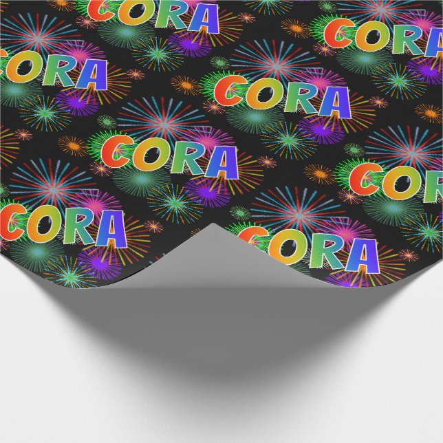 Rainbow First Name "CORA" + Fireworks Wrapping Paper (Corner)
