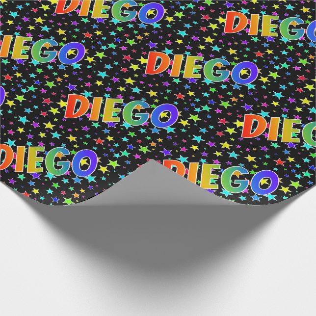 Rainbow First Name "DIEGO" + Stars Wrapping Paper (Corner)