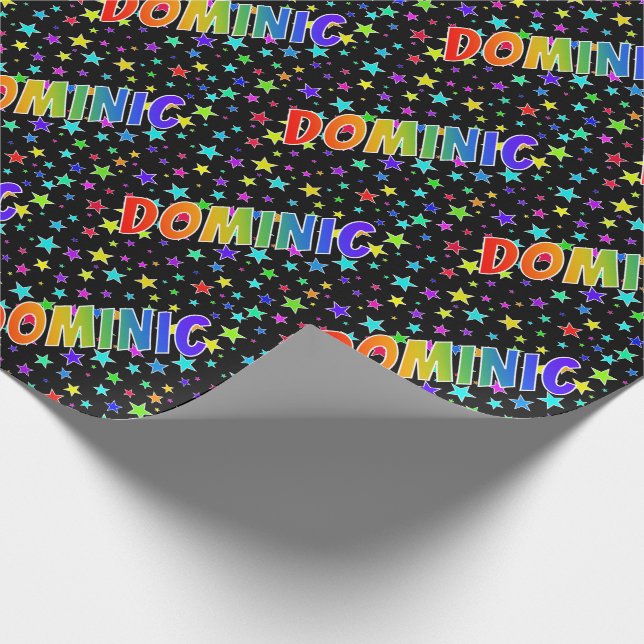 Rainbow First Name "DOMINIC" + Stars Wrapping Paper (Corner)