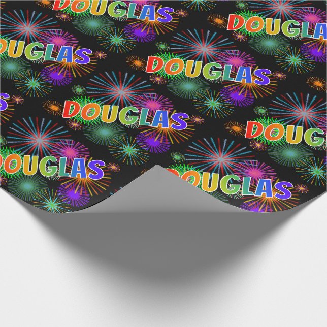 Rainbow First Name "DOUGLAS" + Fireworks Wrapping Paper (Corner)