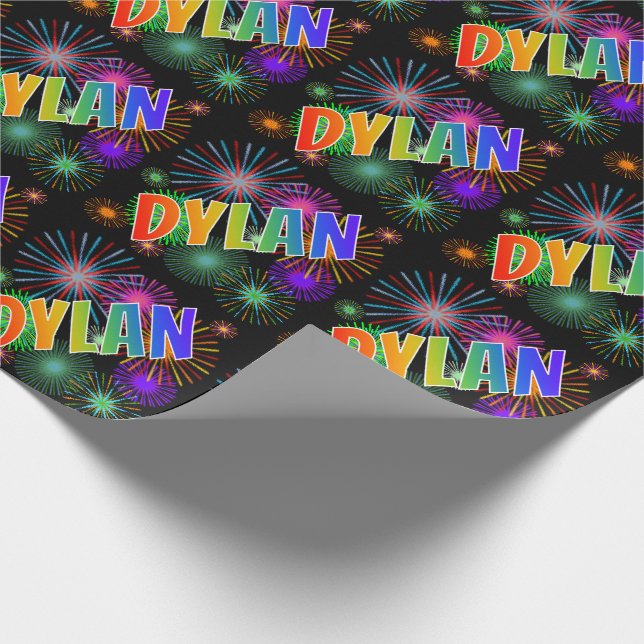 Rainbow First Name "DYLAN" + Fireworks Wrapping Paper (Corner)