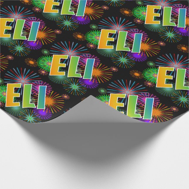 Rainbow First Name "ELI" + Fireworks Wrapping Paper (Corner)