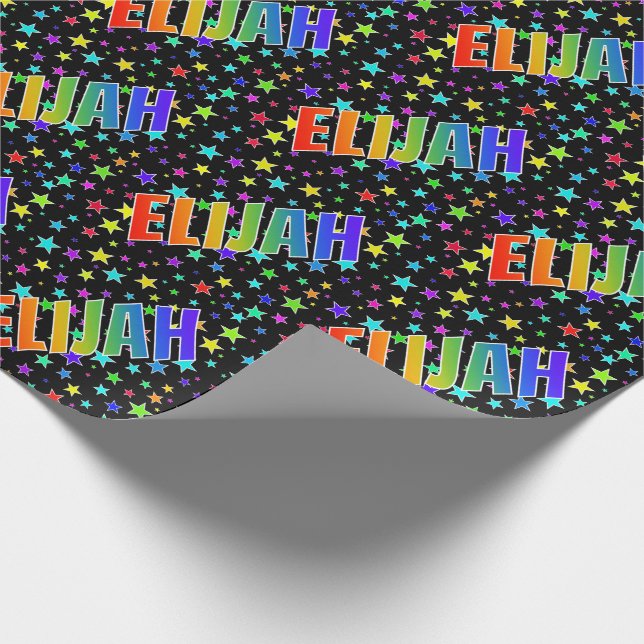 Rainbow First Name "ELIJAH" + Stars Wrapping Paper (Corner)