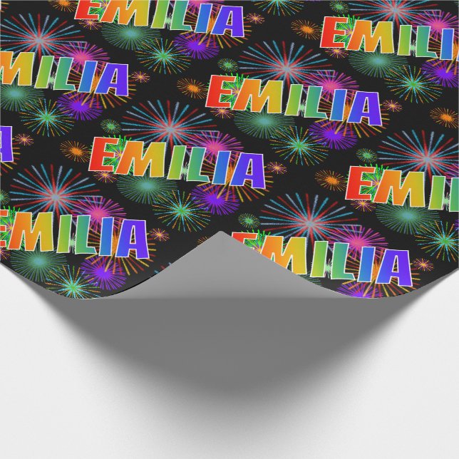 Rainbow First Name "EMILIA" + Fireworks Wrapping Paper (Corner)