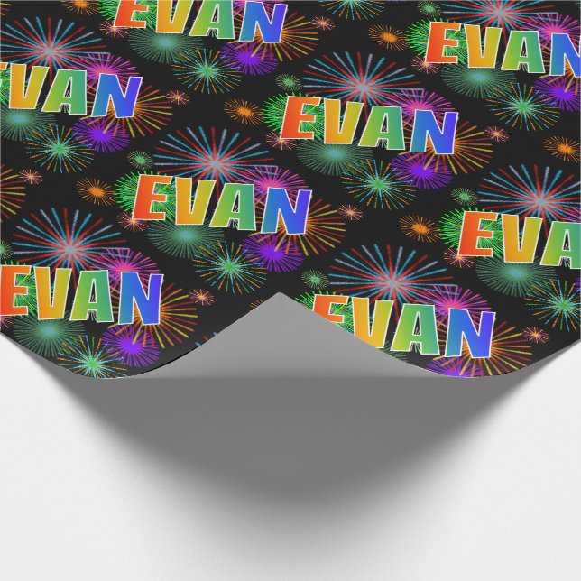 Rainbow First Name "EVAN" + Fireworks Wrapping Paper (Corner)