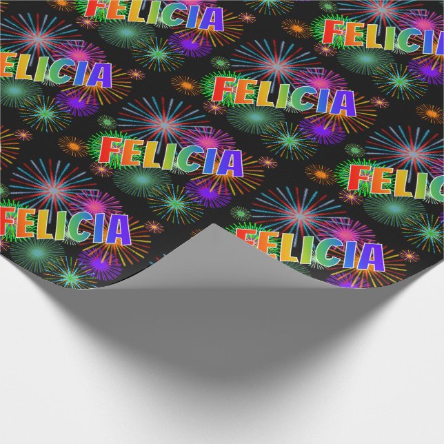 Rainbow First Name "FELICIA" + Fireworks Wrapping Paper (Corner)