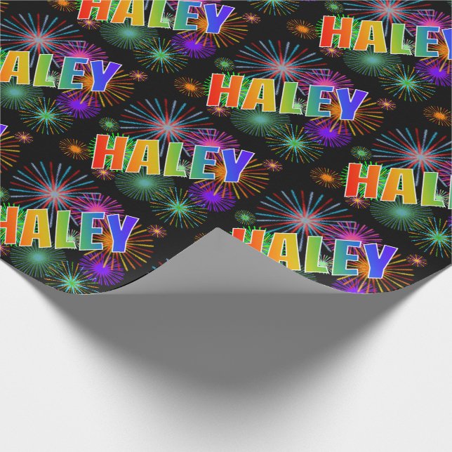 Rainbow First Name "HALEY" + Fireworks Wrapping Paper (Corner)