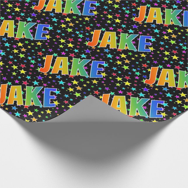Rainbow First Name "JAKE" + Stars Wrapping Paper (Corner)