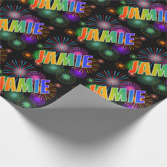 Rainbow First Name "JAMIE" + Fireworks Wrapping Paper (Corner)