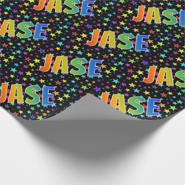 Rainbow First Name "JASE" + Stars Wrapping Paper (Corner)