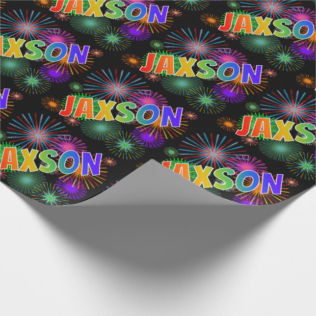 Rainbow First Name "JAXSON" + Fireworks Wrapping Paper (Corner)