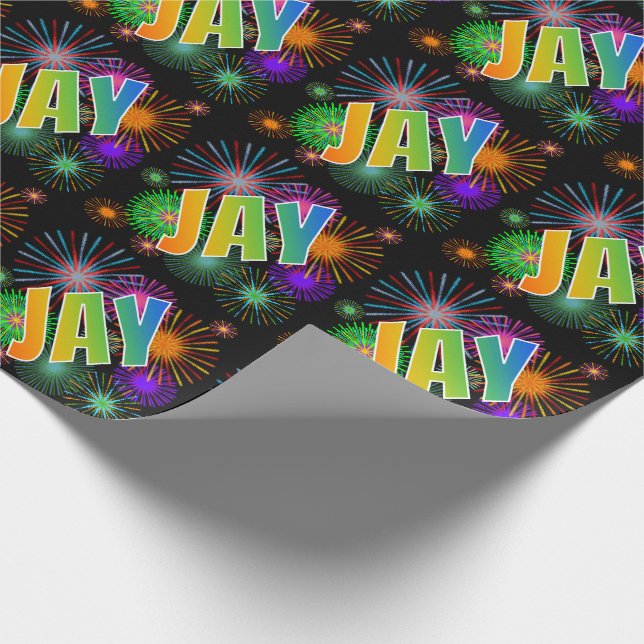 Rainbow First Name "JAY" + Fireworks Wrapping Paper (Corner)