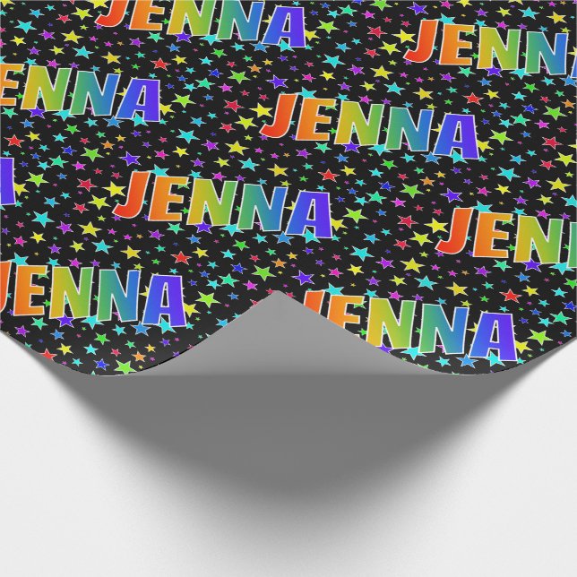 Rainbow First Name "JENNA" + Stars Wrapping Paper (Corner)