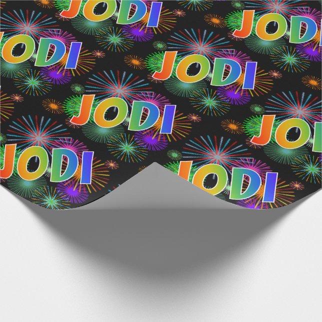 Rainbow First Name "JODI" + Fireworks Wrapping Paper (Corner)