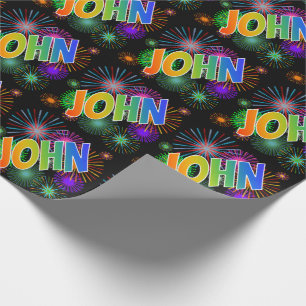 Rainbow First Name "JOHN" + Fireworks Wrapping Paper