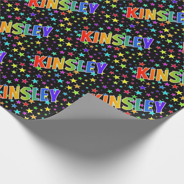 Rainbow First Name "KINSLEY" + Stars Wrapping Paper (Corner)
