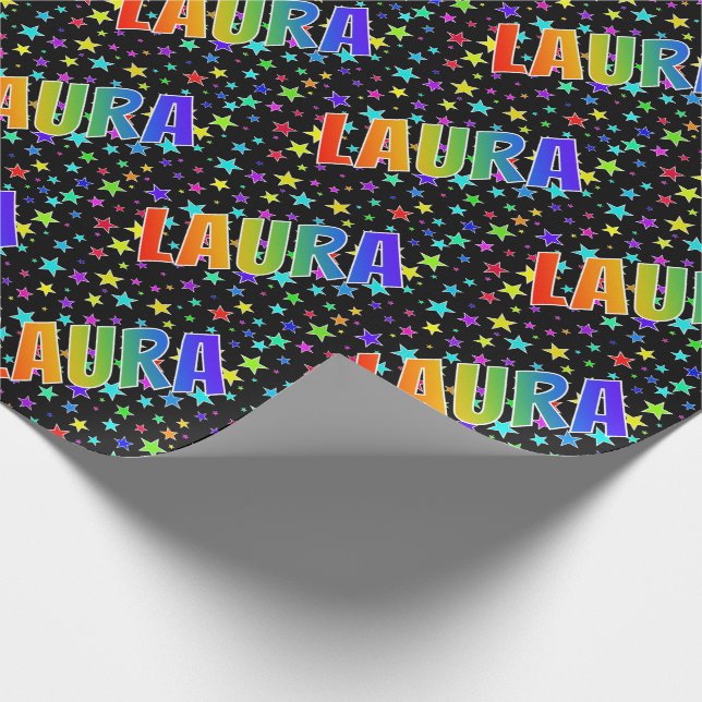Rainbow First Name "LAURA" + Stars Wrapping Paper (Corner)