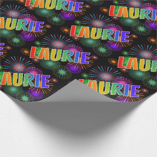 Rainbow First Name "LAURIE" + Fireworks Wrapping Paper (Corner)