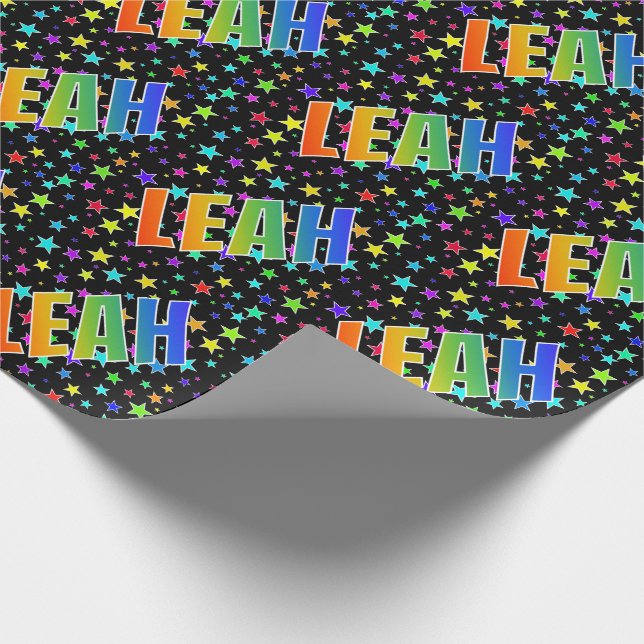 Rainbow First Name "LEAH" + Stars Wrapping Paper (Corner)