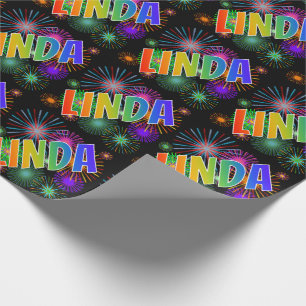 Rainbow First Name "LINDA" + Fireworks Wrapping Paper