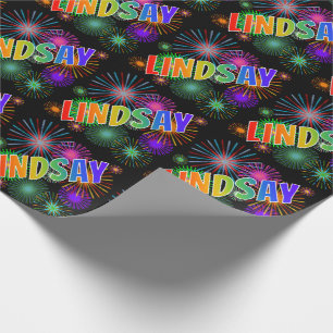 Rainbow First Name "LINDSAY" + Fireworks Wrapping Paper