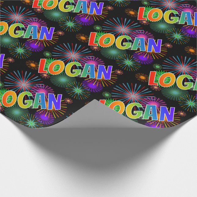 Rainbow First Name "LOGAN" + Fireworks Wrapping Paper (Corner)