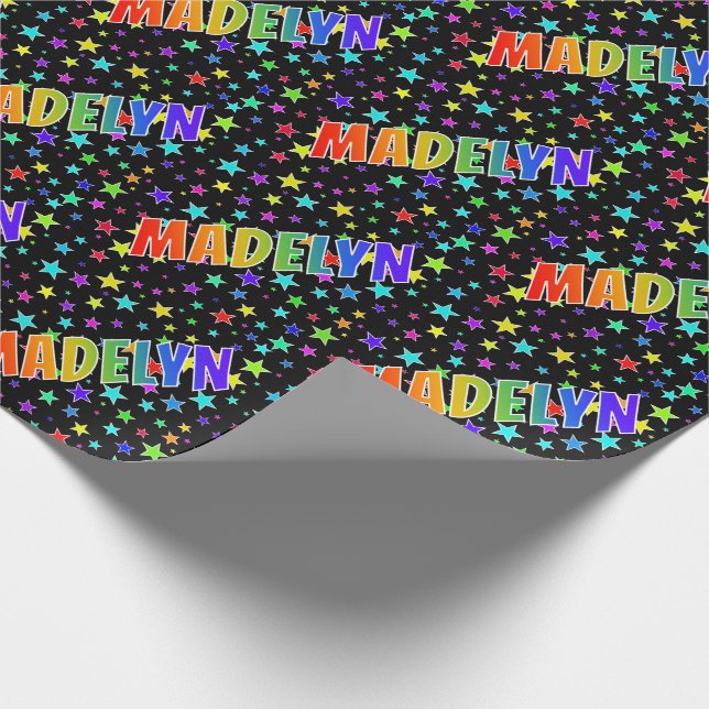 Rainbow First Name "MADELYN" + Stars Wrapping Paper (Corner)