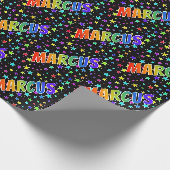Rainbow First Name "MARCUS" + Stars Wrapping Paper (Corner)