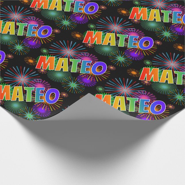 Rainbow First Name "MATEO" + Fireworks Wrapping Paper (Corner)