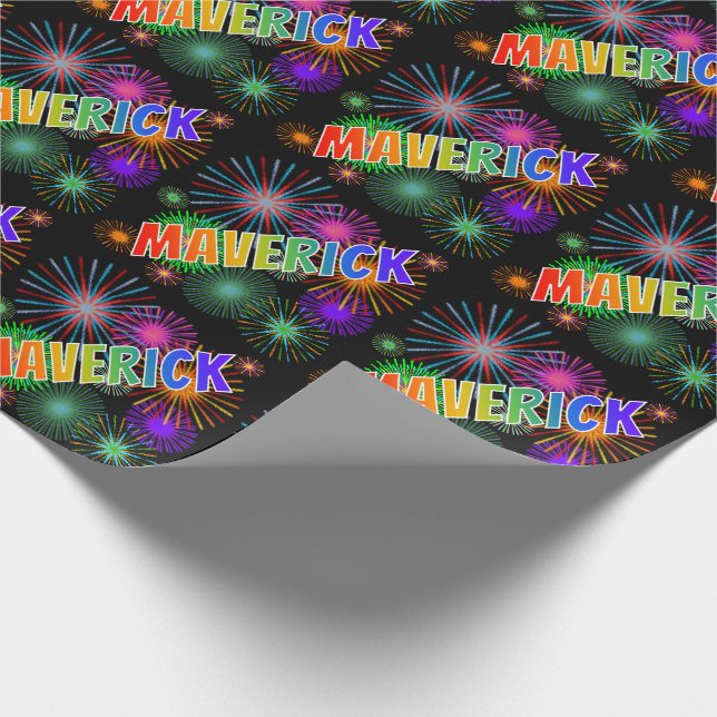 Rainbow First Name "MAVERICK" + Fireworks Wrapping Paper (Corner)