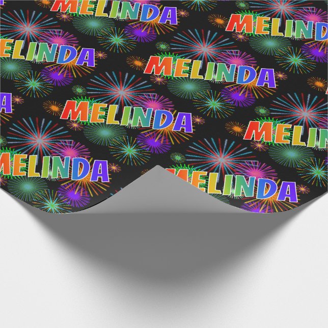 Rainbow First Name "MELINDA" + Fireworks Wrapping Paper (Corner)