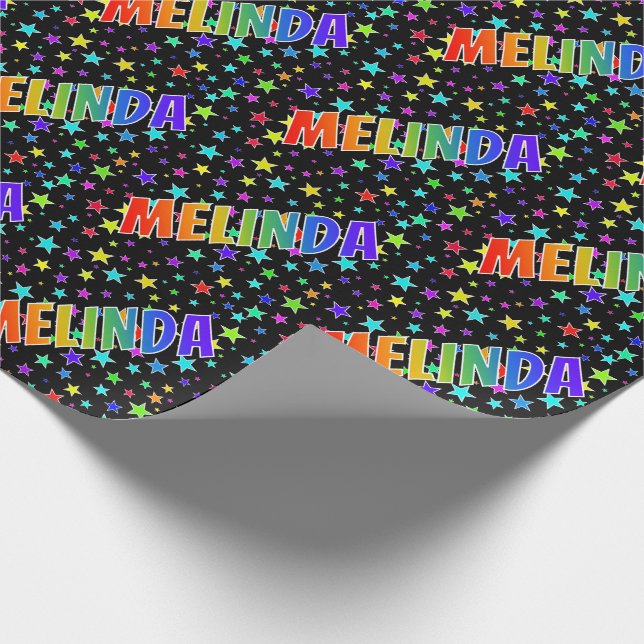 Rainbow First Name "MELINDA" + Stars Wrapping Paper (Corner)